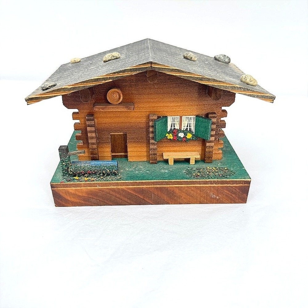 Vintage Wooden Swiss Musical Chalet Box Wood Cabin Dancing Ballerina Decor